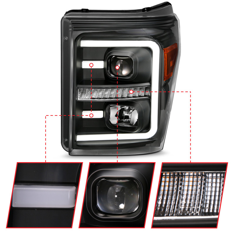 ANZO Projector Headlights Black w/ Amber for 2011-2016 Ford F250