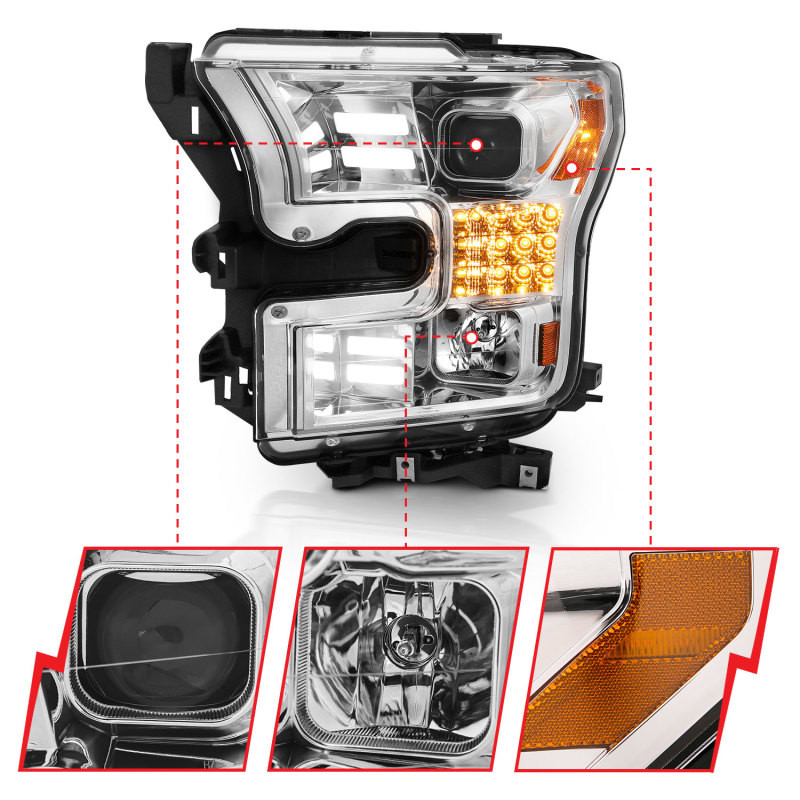 ANZO Proj Headlights Chrome w/ Amber Sequential Turn Signal for 15-17 Ford F-150