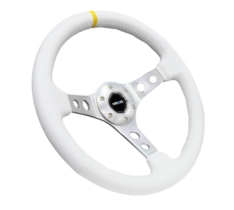 NRG Reinforced Steering Wheel 350mm White Leather w/Silver Spoke & Yellow Mark
