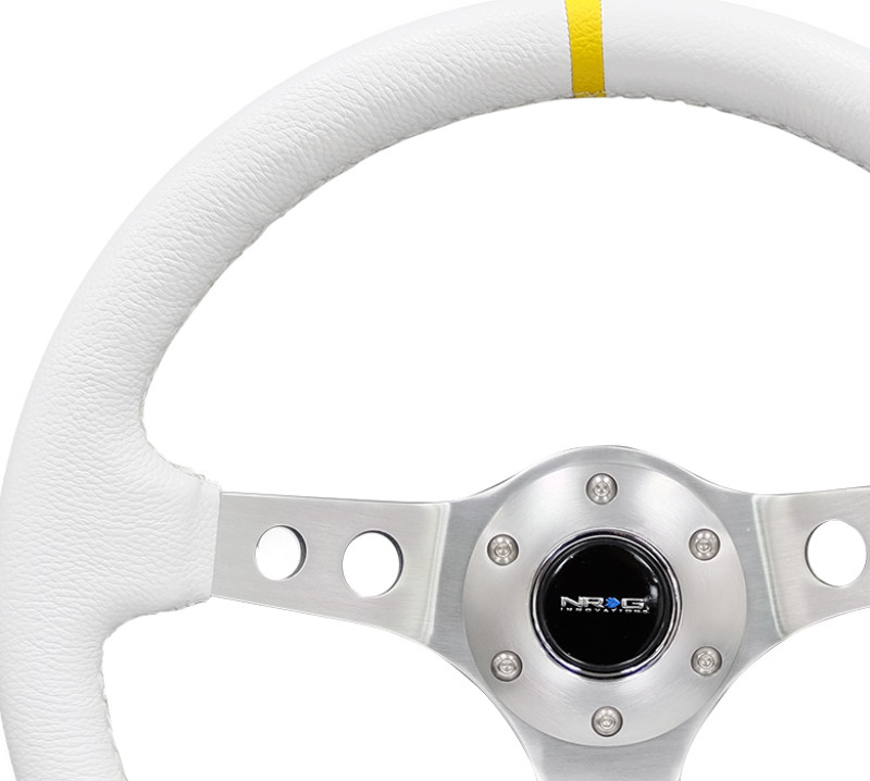 NRG Reinforced Steering Wheel 350mm White Leather w/Silver Spoke & Yellow Mark