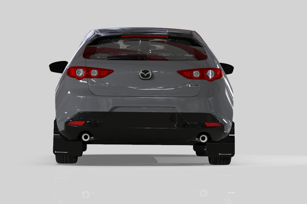 Rally Armor UR Black Mud Flap w/ White Logo for 2019+ Mazda3 GT Sport Hatch