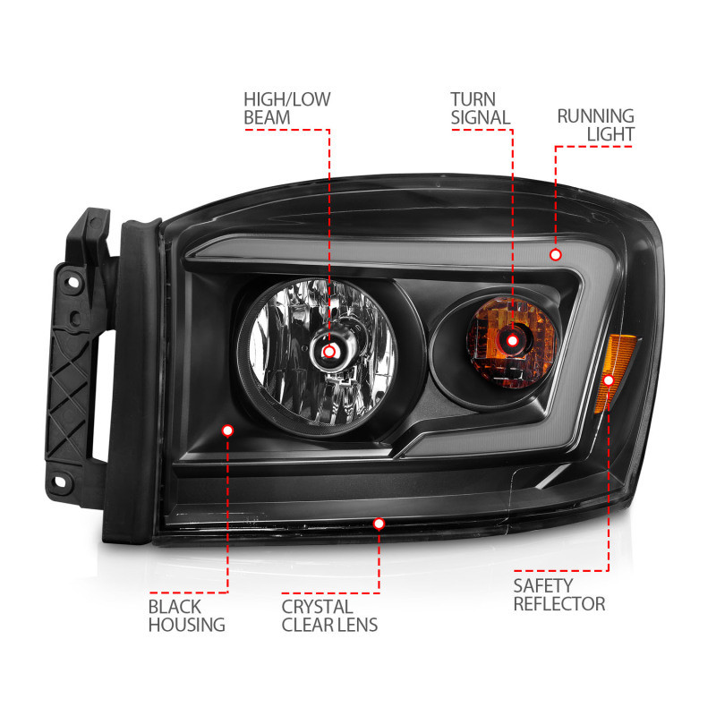 Anzo Headlights Black Housing/Clear Lens (w/ Light Bars) for 06-09 Dodge RAM