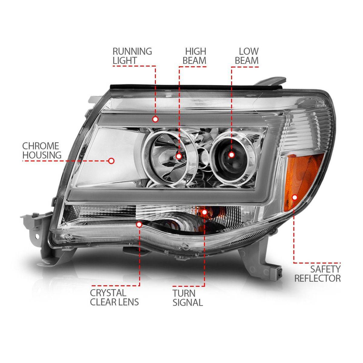 ANZO Projector Headlights w/ Light Bar Chrome Housing for 05-11 Toyota Tacoma