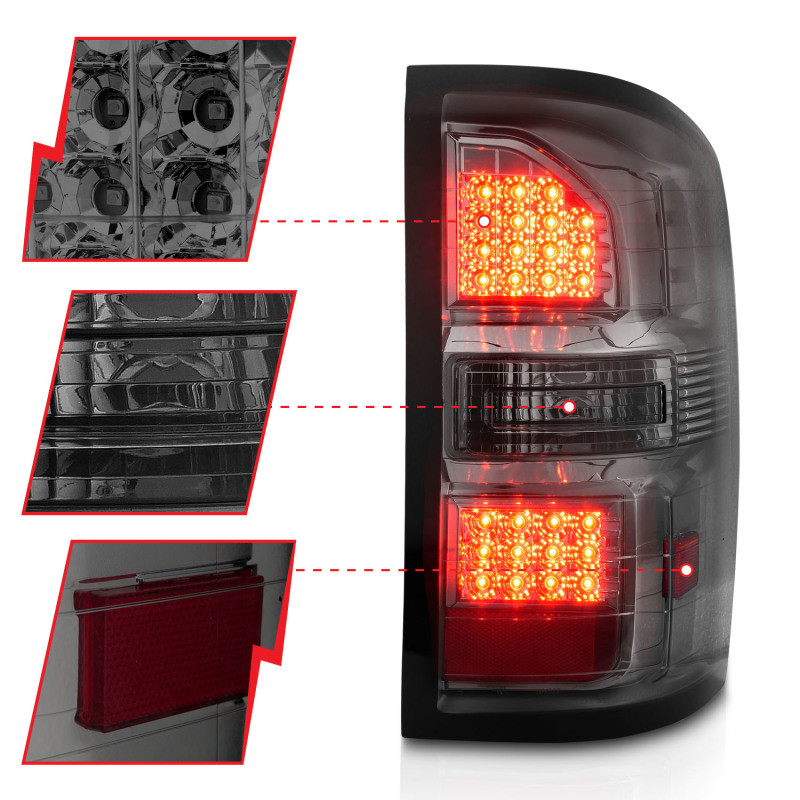 ANZO LED Tail Lights Black Housing Smoke Lens for 2014-2018 GMC Sierra