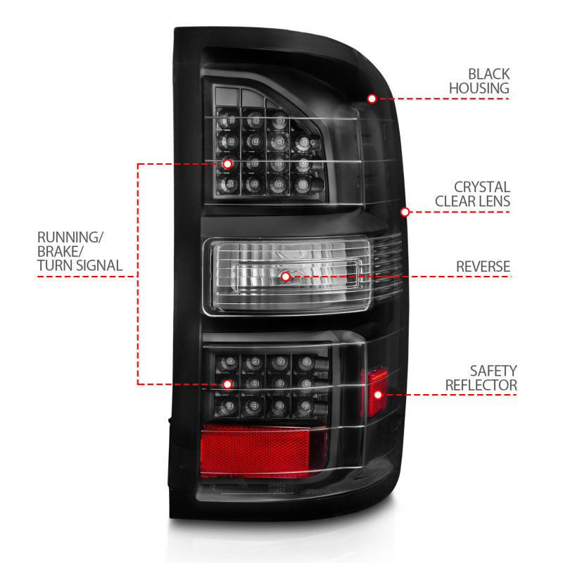 ANZO LED Tail Lights Black Housing Clear Lens for 2014-2018 GMC Sierra