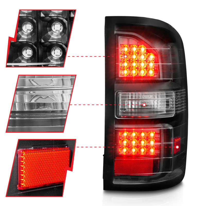 ANZO LED Tail Lights Black Housing Clear Lens for 2014-2018 GMC Sierra