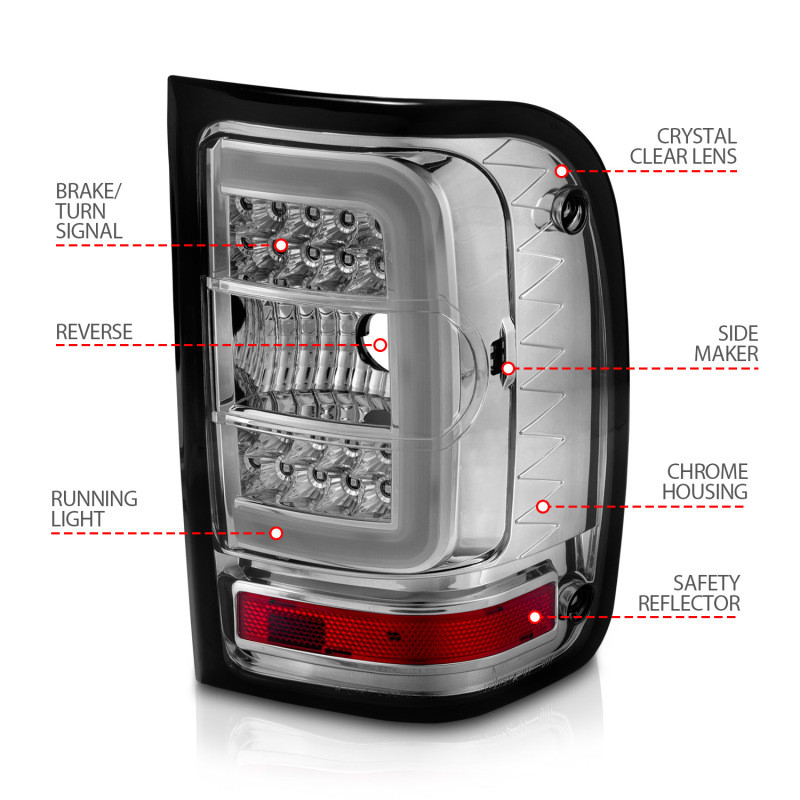 ANZO LED Tail Lights w/ Light Bar Chrome Housing Clear Lens for 01-11 Ranger