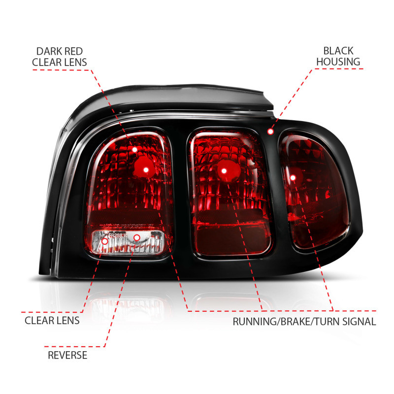 ANZO Taillight Dark Red Lens (OE Style) for 1994-1998 Ford Mustang