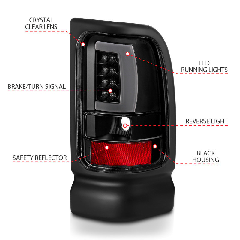 ANZO LED Taillights Plank Style Black w/Clear Lens for 1994-2001 Dodge Ram 1500
