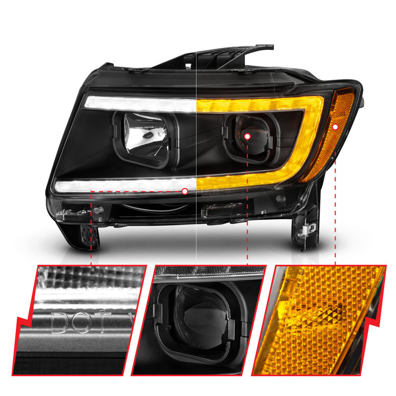 ANZO Projector Headlights w/Light Bar Swtchbk Black for 11-13 Grand Cherokee