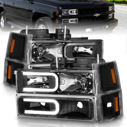 ANZO Crystal Headlights w/ Light Bar Black Housing for 88-98 Chevrolet C1500