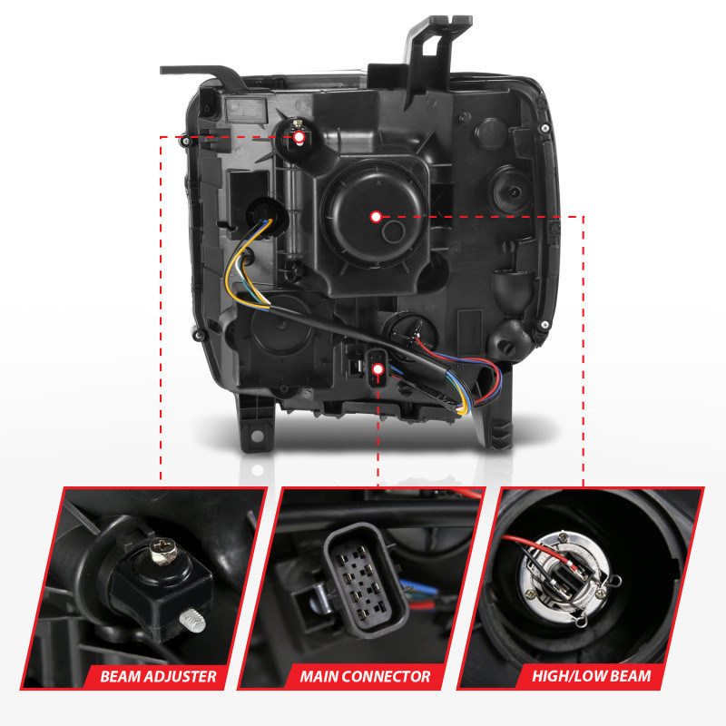 ANZO Projector Headlights w/ Light Bar Chrome Housing for 14-15 Gmc Sierra 1500