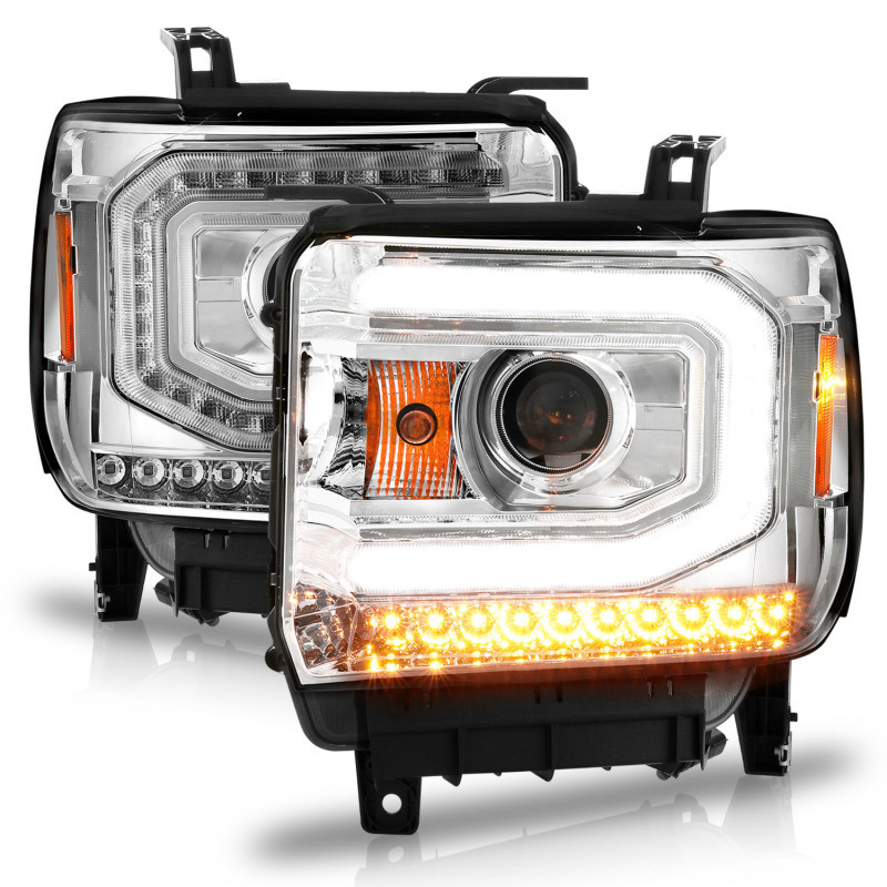 ANZO Projector Headlights w/ Light Bar Chrome Housing for 14-15 Gmc Sierra 1500