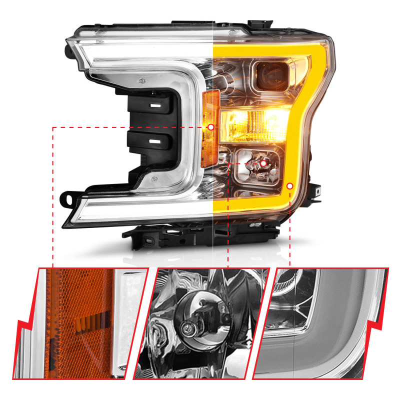 ANZO Projector Headlight w/Plank Style Switchback Chrome Housing for 18-20 F-150