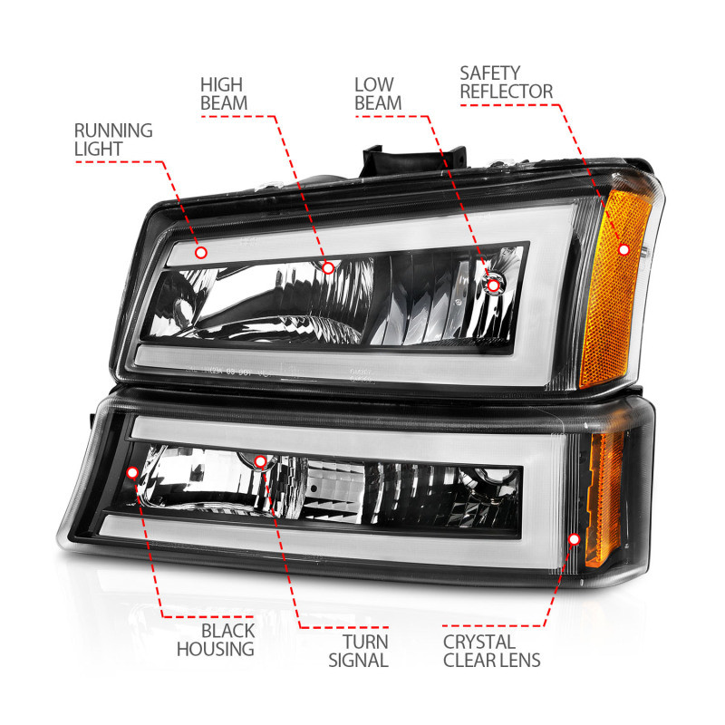 ANZO Crystal Headlights w/ Light Bar Black Housing for 03-06 Silverado 1500