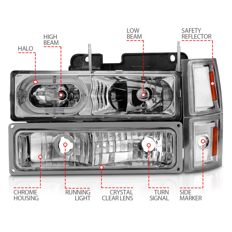 ANZO Crystal Headlights Chrome Housing w/ Signal for 88-98 Chevrolet C1500