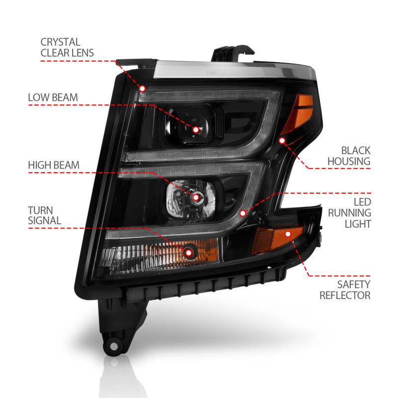 ANZO Projector Headlights Plank Style Black w/DRL for 15-20 Chevy Tahoe