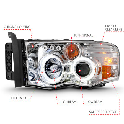 ANZO Projector Headlights w/ Halo Chrome Clear Amber for 02-05 Dodge Ram 1500