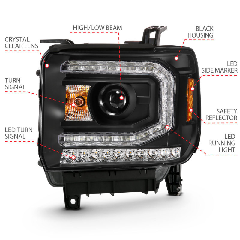 ANZO Projector Headlight Plank Style Black for 16-19 Gmc Sierra 1500