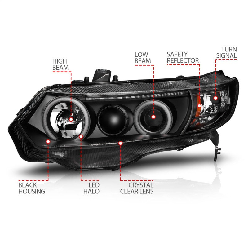 ANZO Projector Headlights w/ Halo Black (CCFL) for 2006-2011 Honda Civic