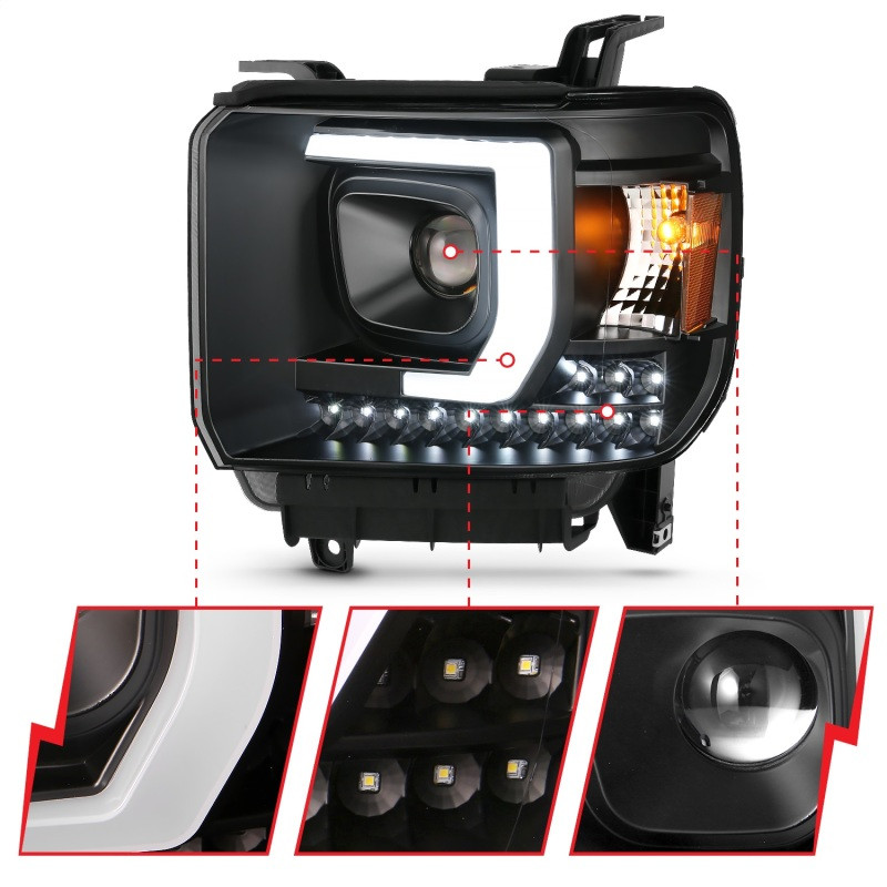 ANZO Projector Plank Style Headlight Black W/ Drl for 14-15 Sierra 1500HD