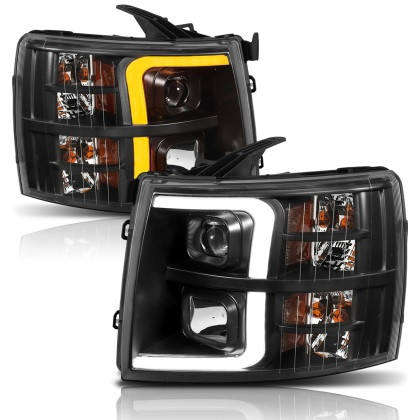 ANZO Plank Style Projector Headlights Black w/ Amber for 07-13 Silverado 1500