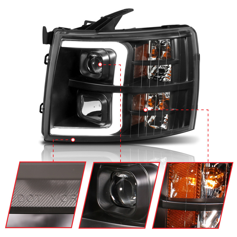 ANZO Plank Style Projector Headlights Black w/ Amber for 07-13 Silverado 1500