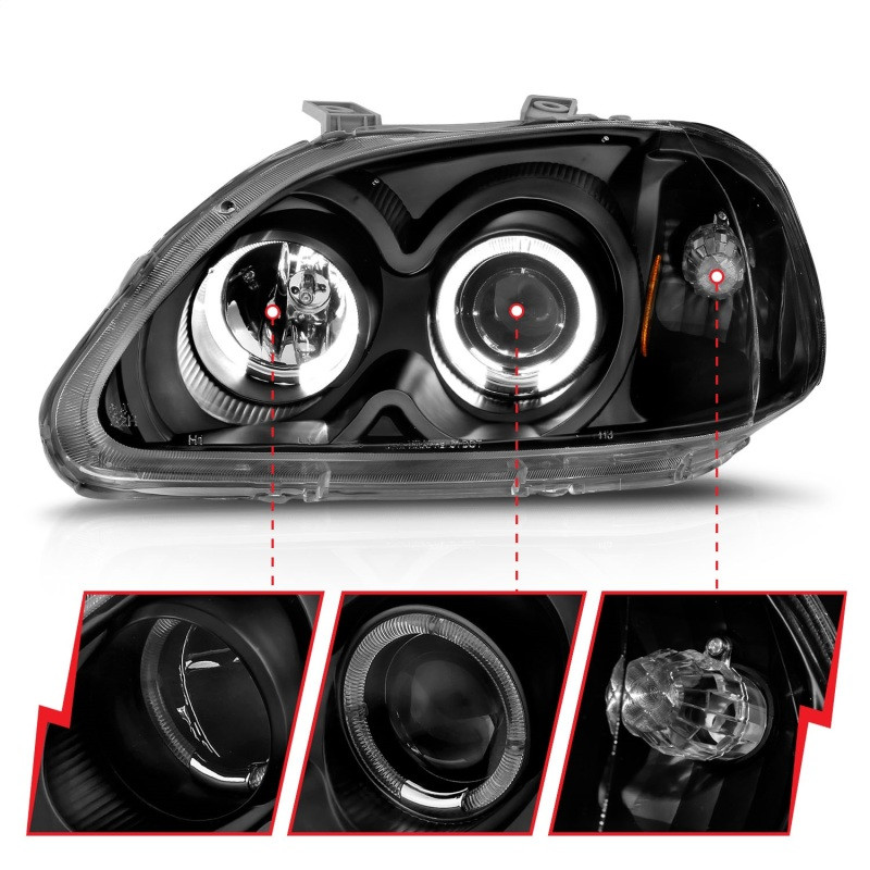 ANZO Projector Headlights w/ Halo Black for 1996-1998 Honda Civic