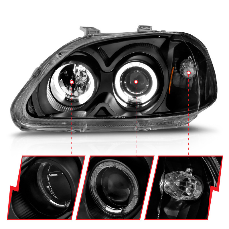 ANZO Projector Headlights w/ Halo Black for 1996-1998 Honda Civic