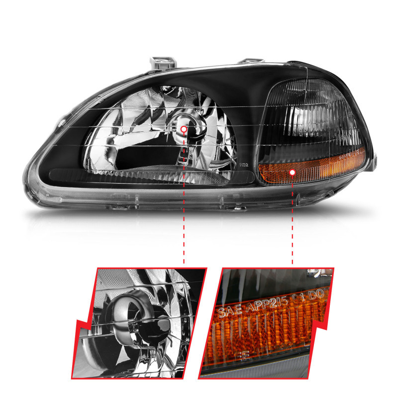 ANZO Crystal Headlights Black for 1996-1998 Honda Civic