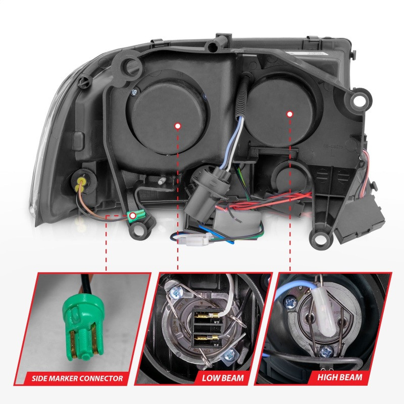 ANZO Crystal Headlights Black 1pc for 1997-2004 Dodge Dakota