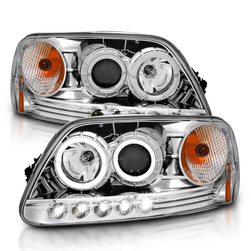 ANZO Projector Headlights w/ Halo and LED Chrome 1pc for 1997.5-2003 Ford F-150