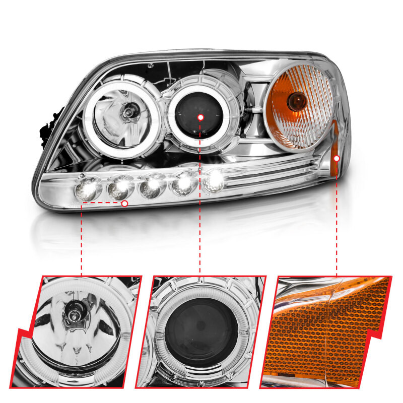 ANZO Projector Headlights w/ Halo and LED Chrome 1pc for 1997.5-2003 Ford F-150