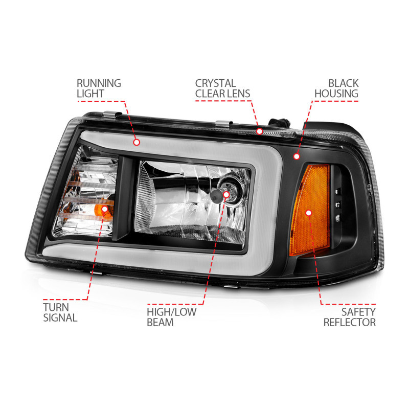ANZO Crystal Headlights w/ Light Bar Black Housing for 2001-2011 Ford Ranger
