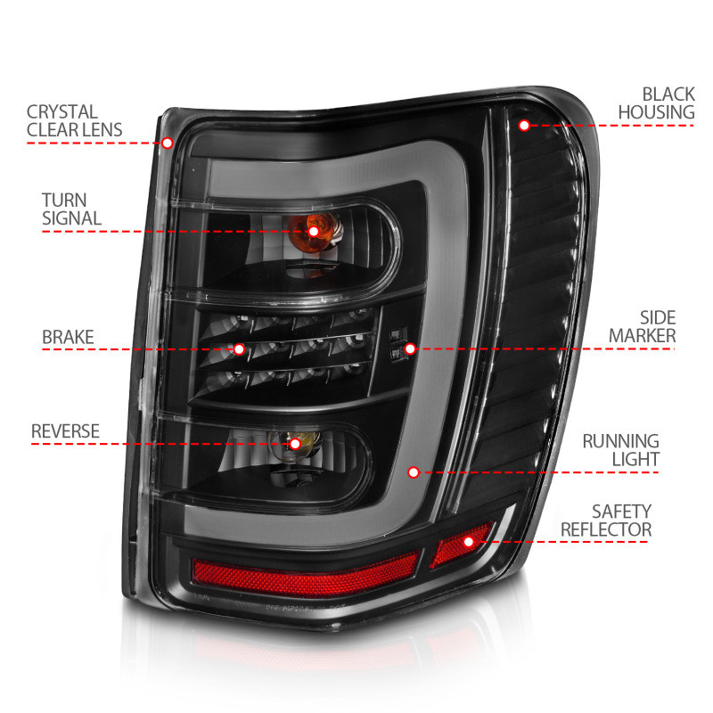 ANZO LED Tail Lights w/ Light Bar Black Clear / Lens for 99-04 Grand Cherokee