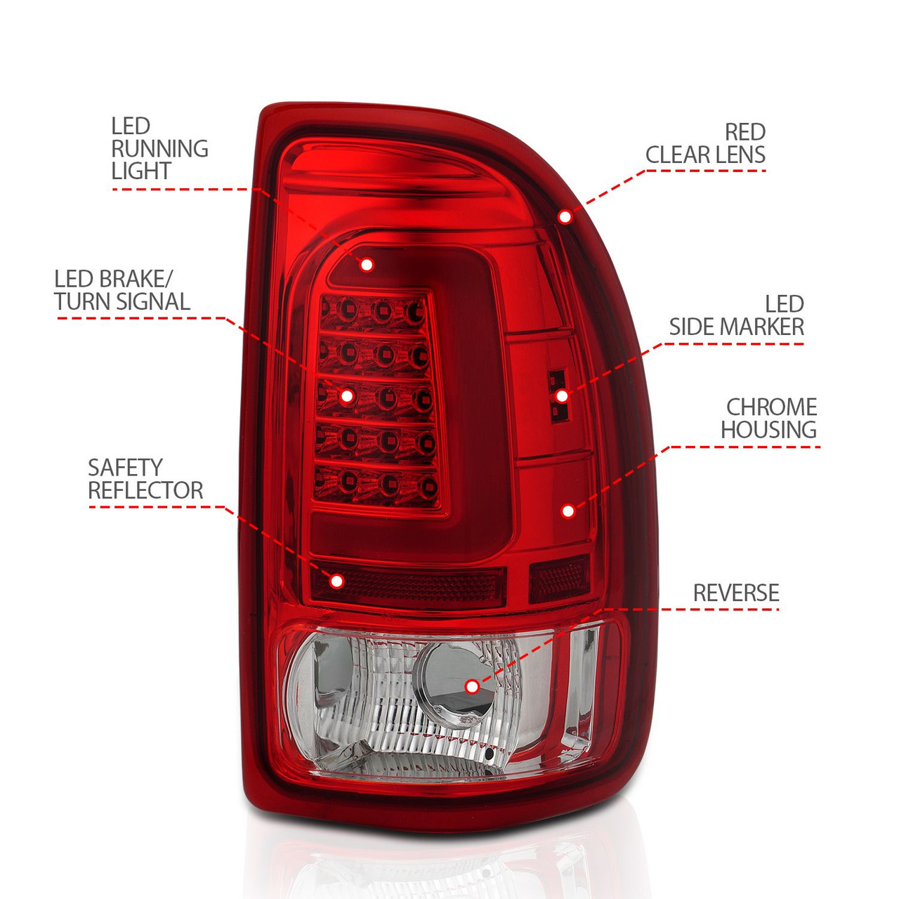 ANZO LED Taillights Chrome Housing Red Lens Pair for 1997-2004 Dodge Dakota