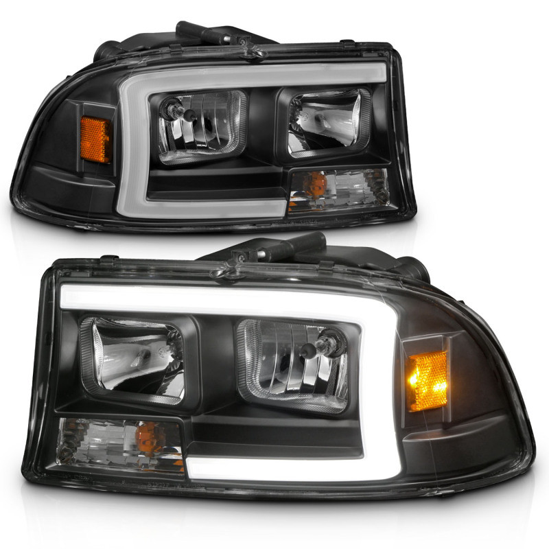 ANZO Crystal headlight Set w/ Light Bar Black Housing for 97-04 Dakota/Durango