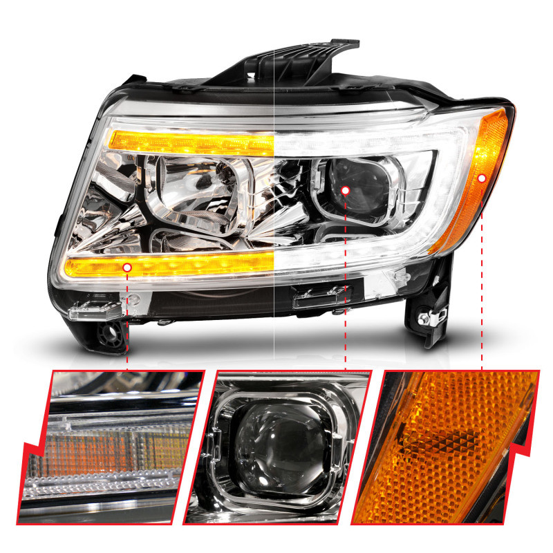 ANZO Projector Headlights w/Light Bar Swchbk Chrome for 11-13 Grand Cherokee