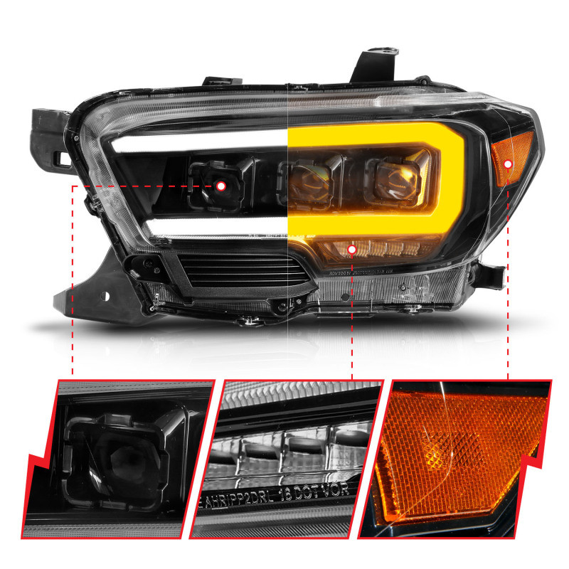 ANZO LED Projector Headlights w/ Light Bar Sequential Black for 16-22 Tacoma