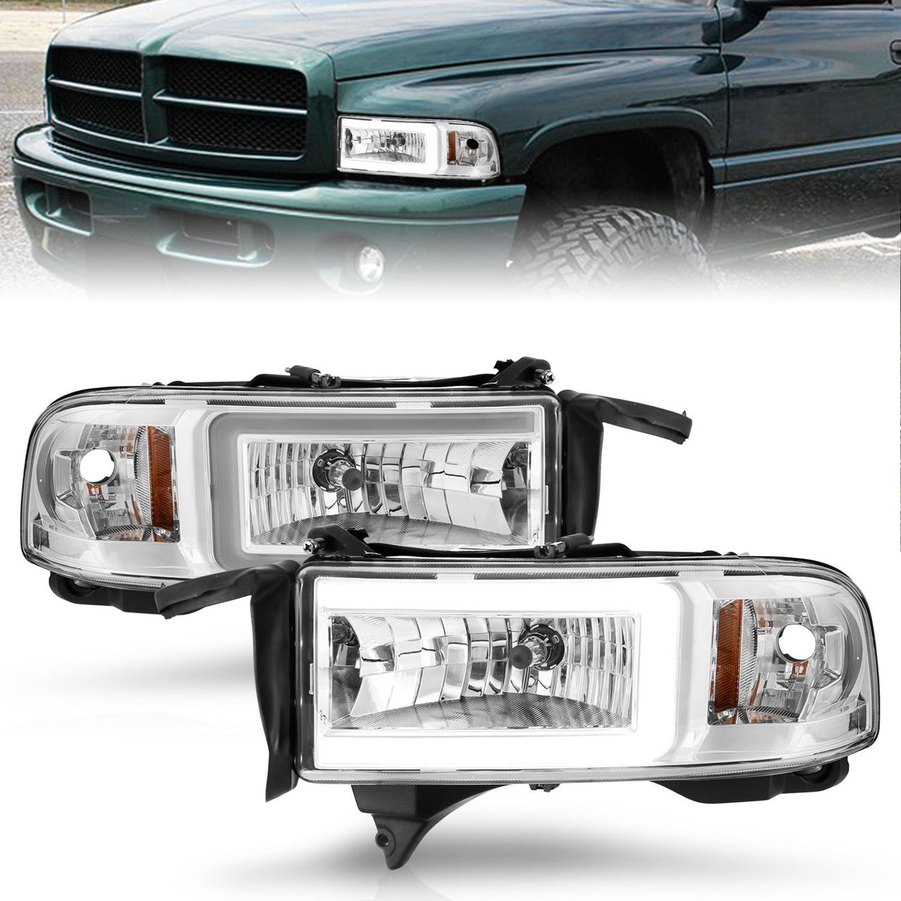 ANZO Crystal Headlight - w/ Light Bar Chrome for 94-02 Dodge RAM 1500