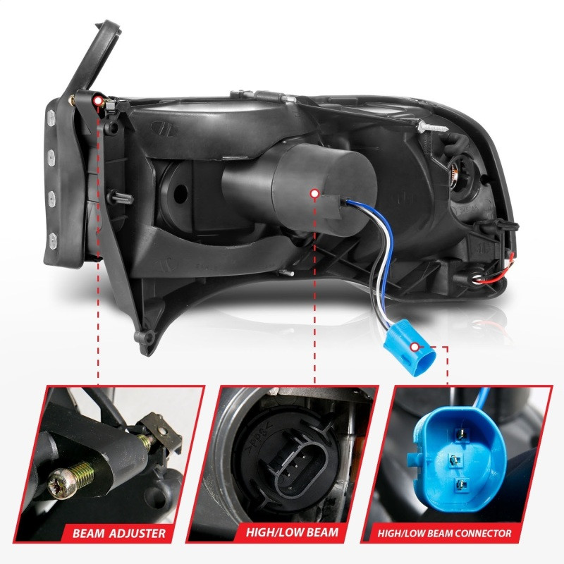 ANZO Crystal Headlight - w/ Light Bar Chrome for 94-02 Dodge RAM 1500