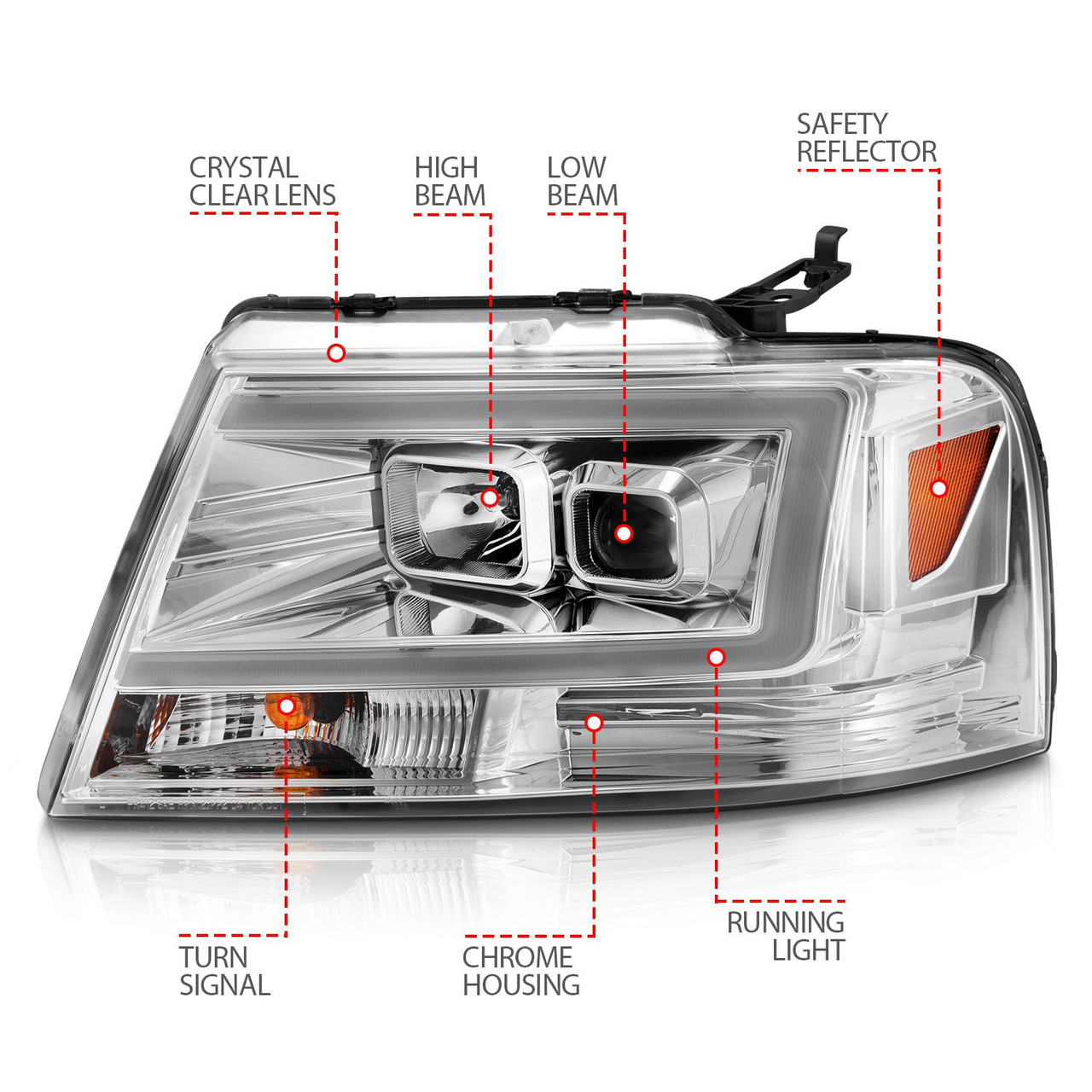ANZO Projector Headlights w/ Light Bar Chrome Housing for 2004-2008 Ford  F-150
