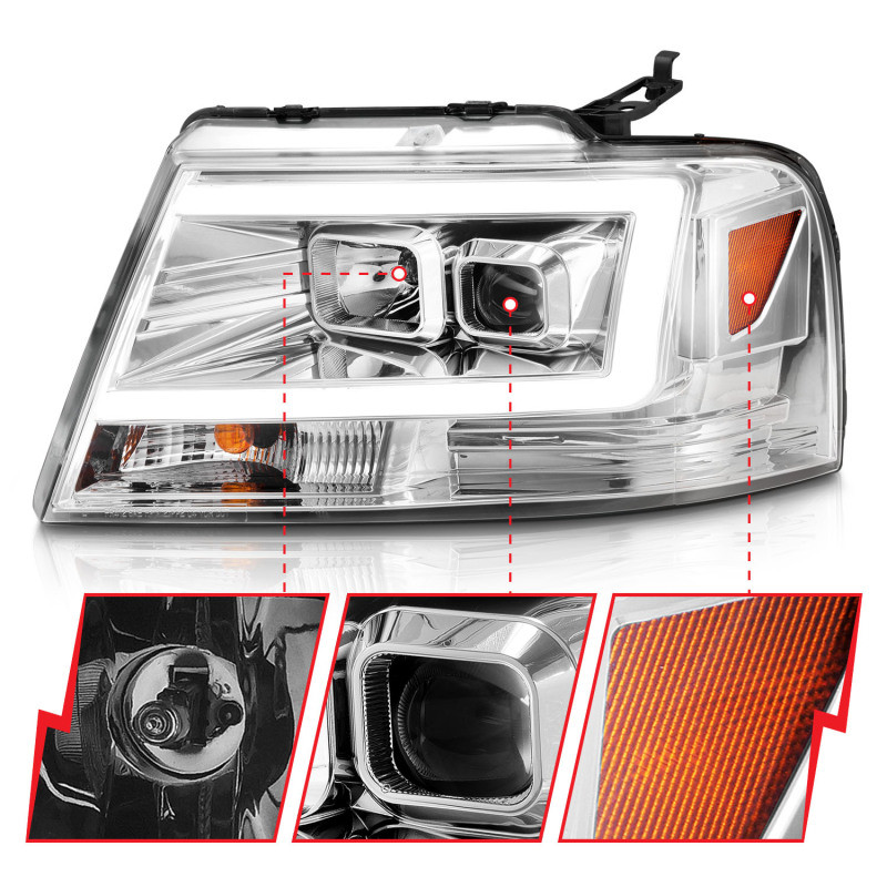 ANZO Projector Headlights w/ Light Bar Chrome Housing for 2004-2008 Ford  F-150