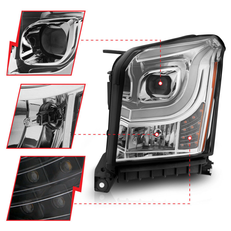 ANZO Projector Headlights W Lightbar - Chrome/Amber for 2015-2017 GMC Yukon XL