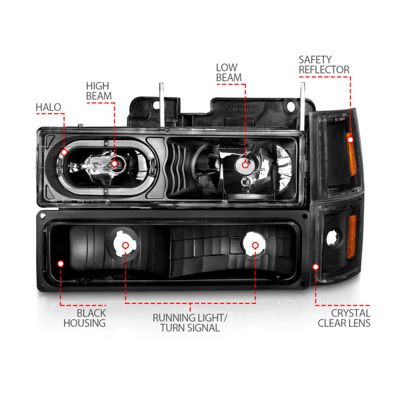 ANZO Headlights Black Housing w/ Signal and Side Marker Lights for 88-98 C1500
