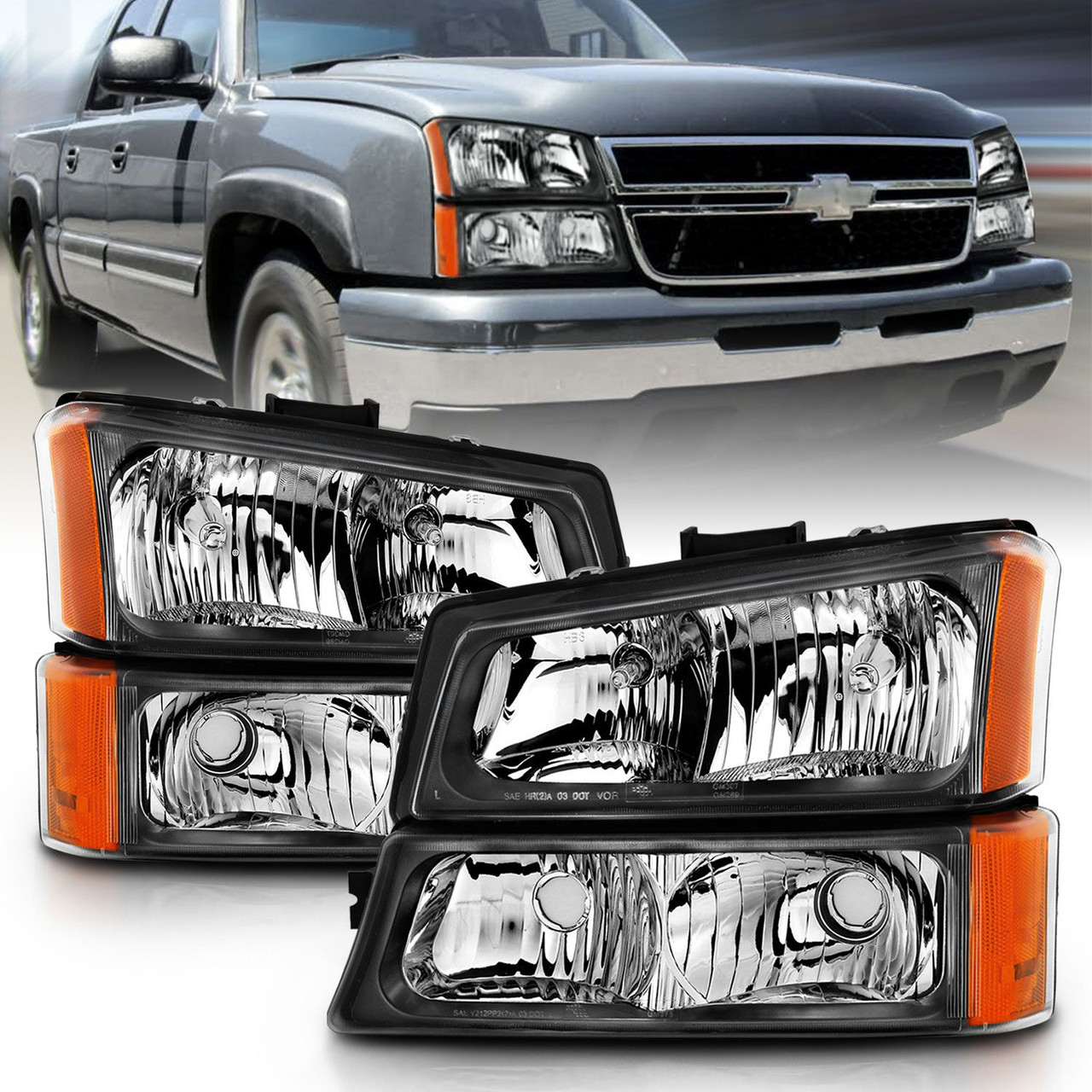 ANZO Crystal Headlight w/ Signal Light Black Amber for 03-06 Chevy Silverado