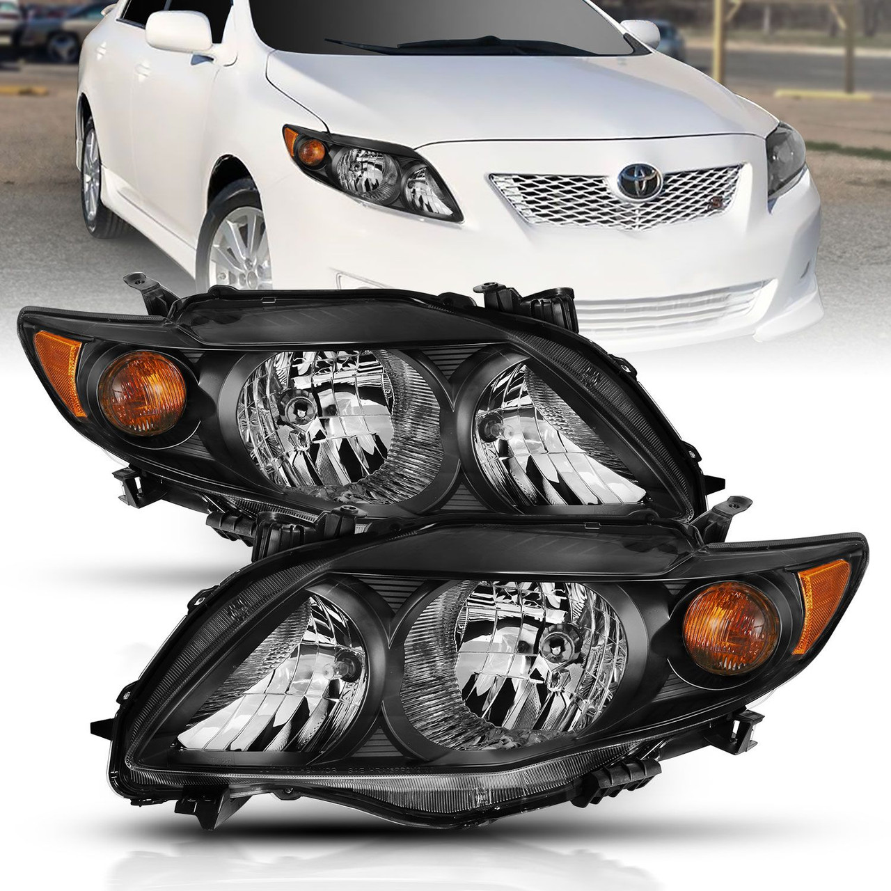 ANZO Crystal Headlight Black Amber for 2009-2010 Toyota Corolla
