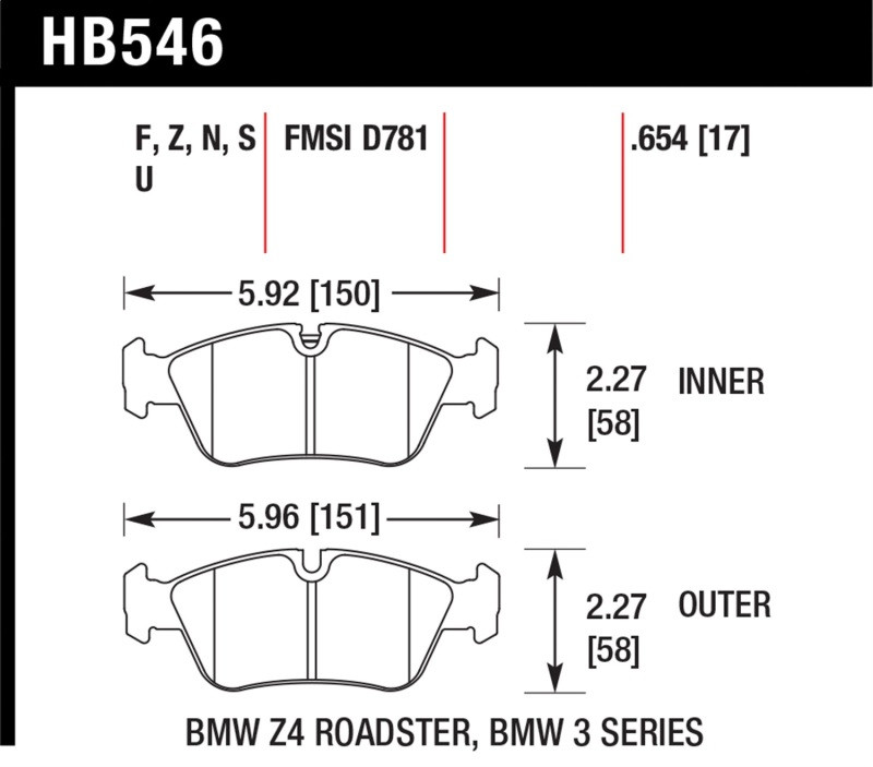 Hawk HPS Front Brake Pads for 01-05 BMW 325I / 99-08 BMW Z3 / Z4 - HB546F.654