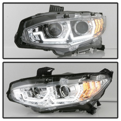 Spyder Proj Headlight - Chrome for 16-18 Honda Civic 4Dr w/LED Seq Turn Sig Lights