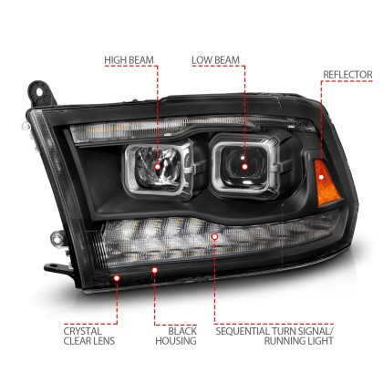 ANZO Projector Headlights Sequential - Black Amber for 09-18 Ram